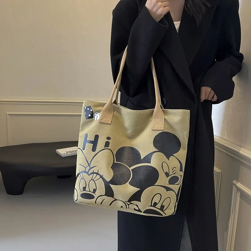 Large Capacity Fashionable Versatile Cute Cartoon Mickey Canvas Bag  Women 2024 Autumn Winter New Single Shoulder Tote Vintage