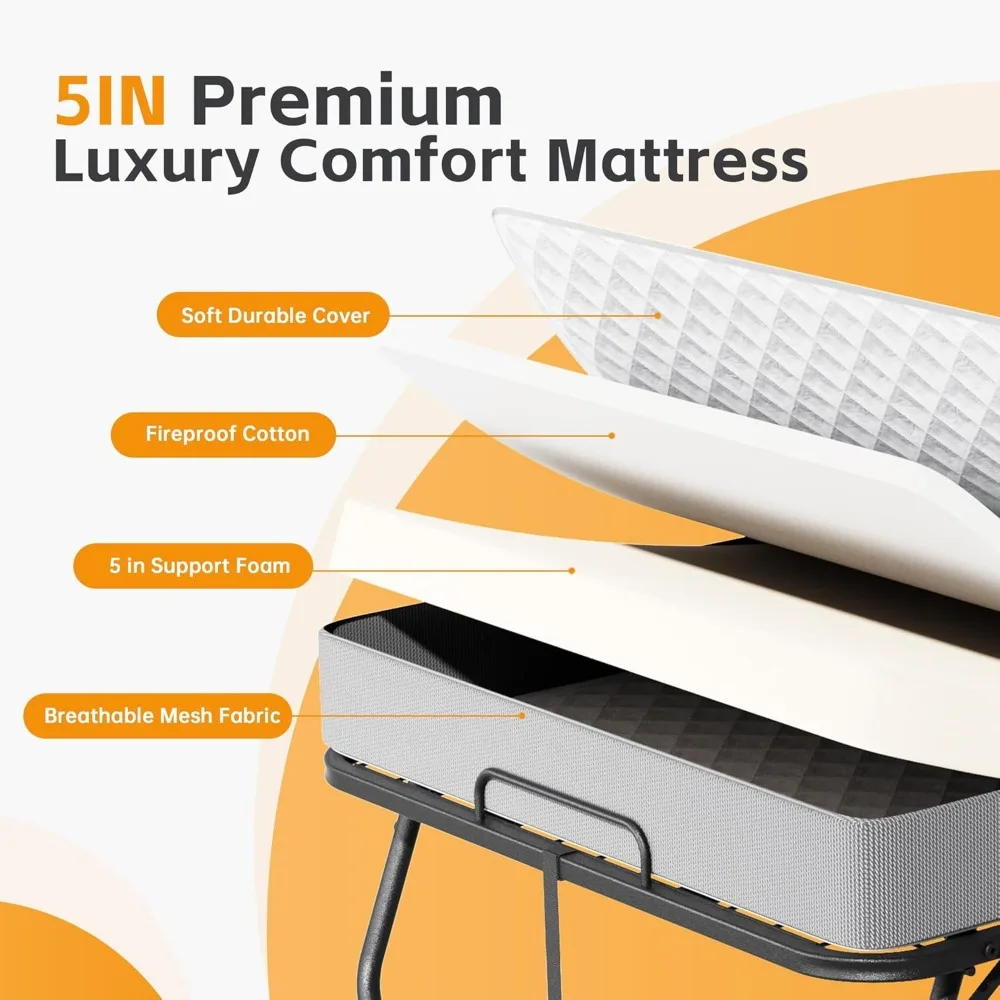 Lit pliant avec matelas, matelas en mousse à mémoire de forme de 75 po x 31 po à 5 po d'épaisseur
