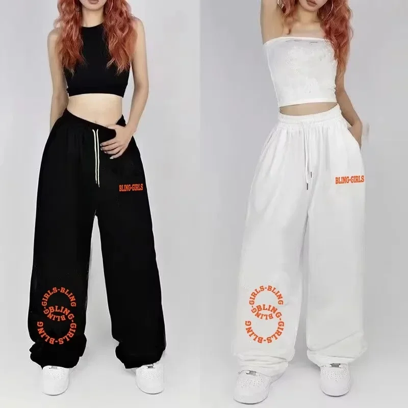 Women's High Street Fashion Letter Print Drawstring Trousers All-match Long Pants Spring Summer Kids Fashion Pants