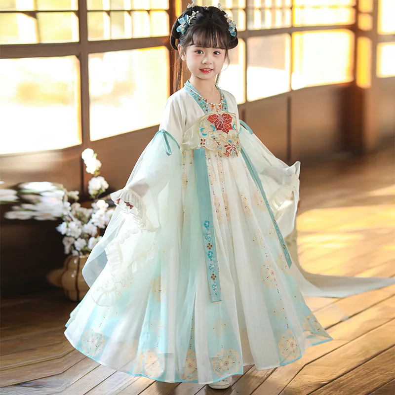 Vintage Chinese Embroidery Dress Kids Hanfu Lovely Girls Princess Dresses Traditional Folk Style Dance Perform Costumes Cosplay