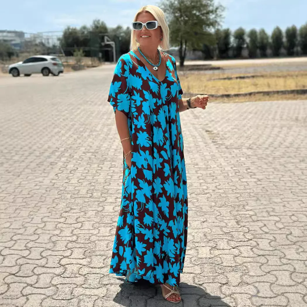 

Loose Casual Print Dress Spring New Temperament Commuter Women's Clothing Fashion V-neck Short Sleeved Big Hem Long Dresses
