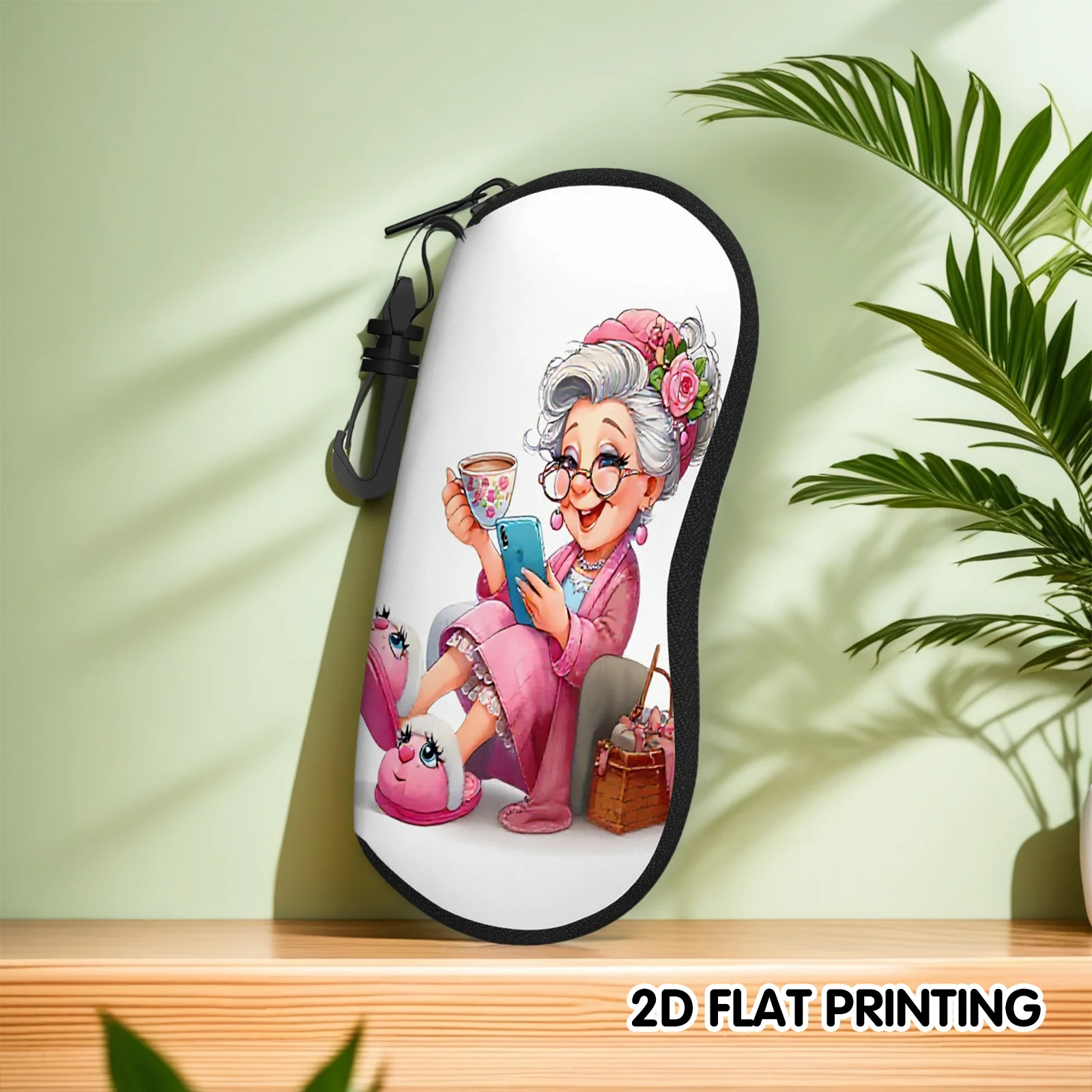 1pc Cute Grandma Relax Art Glasses Case with Hook, Portable for Various Eyewear Accessories Creative Printed Design
