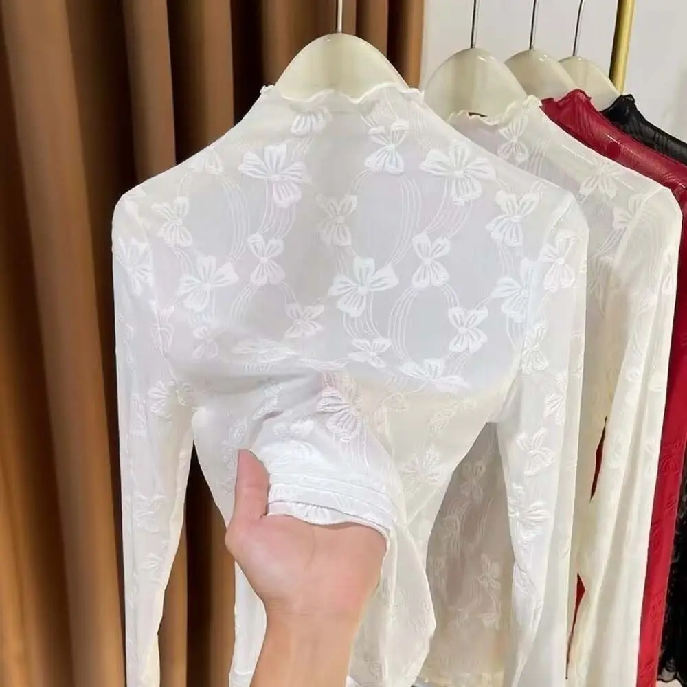 

Hollow Out Lace Bottomed Blouse Bowknot Half High Collar Bow Flower Mesh Shirt Sheer Tees Blouses Lace See Through Tops Women