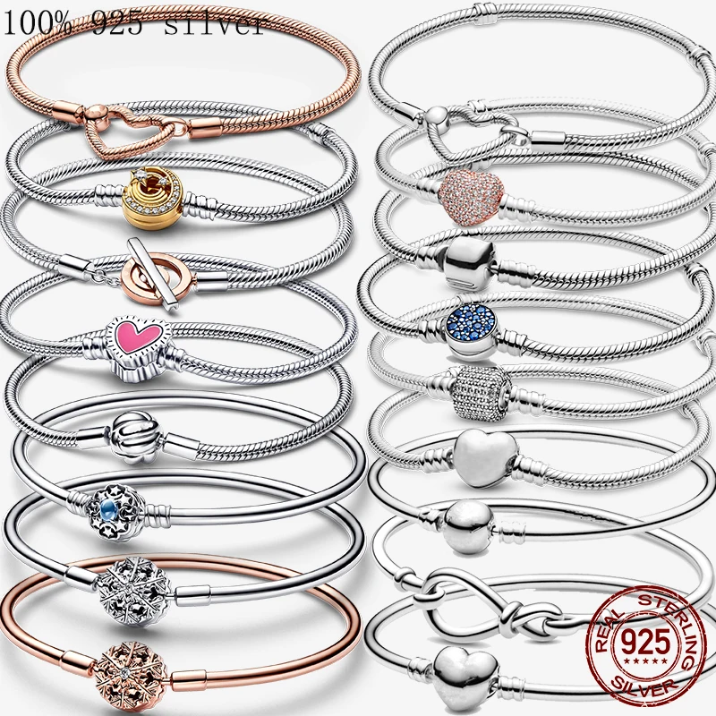 925 Sterling Silver Love Heart Sliding Pulsera Plata Original Bracelet Multi Snake Chain Sparkling Disc Mouse Heart Clasp Bangle