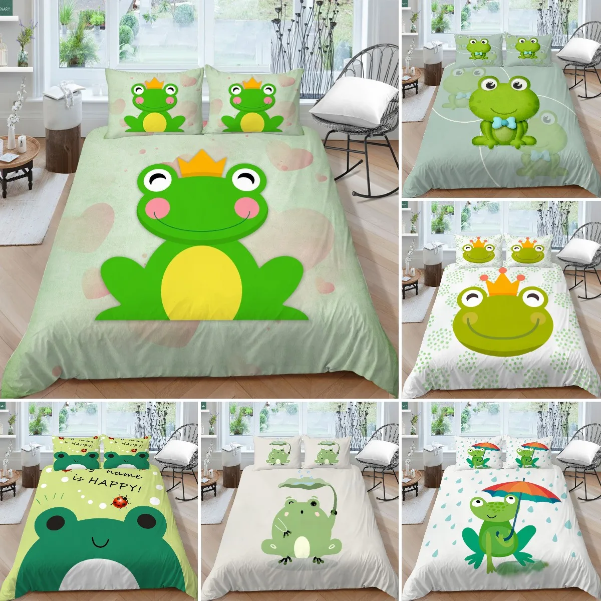 

Cartoon Frog Duvet Cover Set Reptile Animal Themed Bedding Set, Cute Green Frog Comforter Cover For Kids Teens Boy