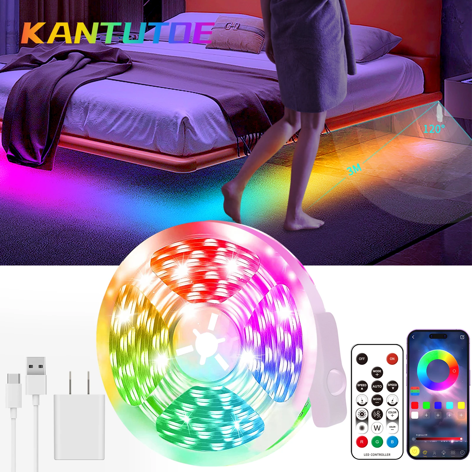 

KANTUTOE Led Strip 5V USB Motion Sensor Induction Night Light RGB For Bed Cabinets Stairs Bedrooms Induction Light Strip