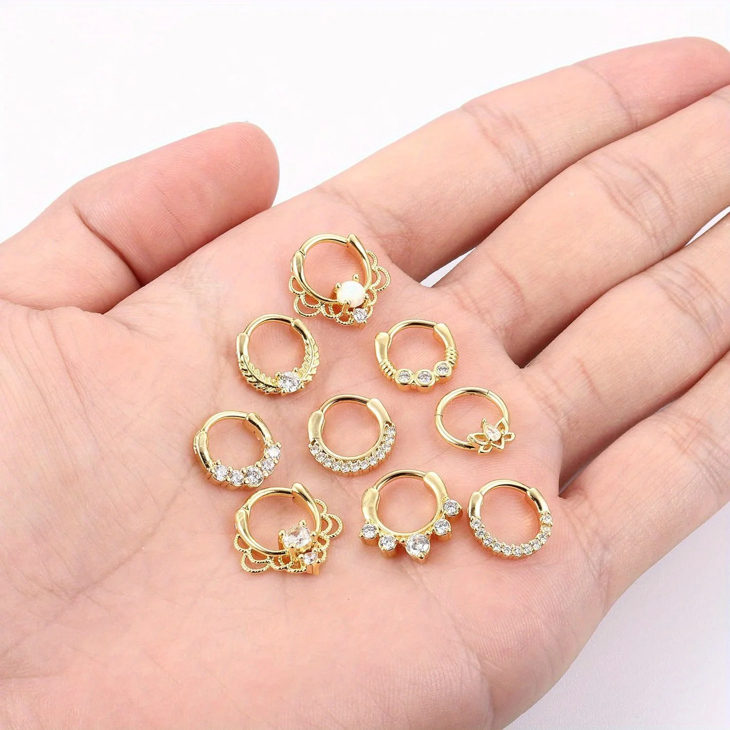 Drperfect 316L Stainless Steel Septum Rings Opal Daith Nose Rings CZ Cartilage Tragus Earrings Septum Clicker Piercing Jewerly