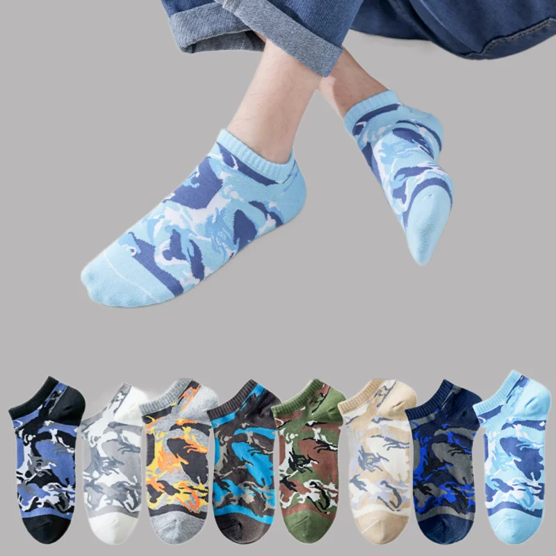 5/10 Pairs 2024 New Men's Pure Cotton Socks Summer Thin Sweat-absorbent Deodorant Boat Socks Camouflage Cotton Short Tube Socks