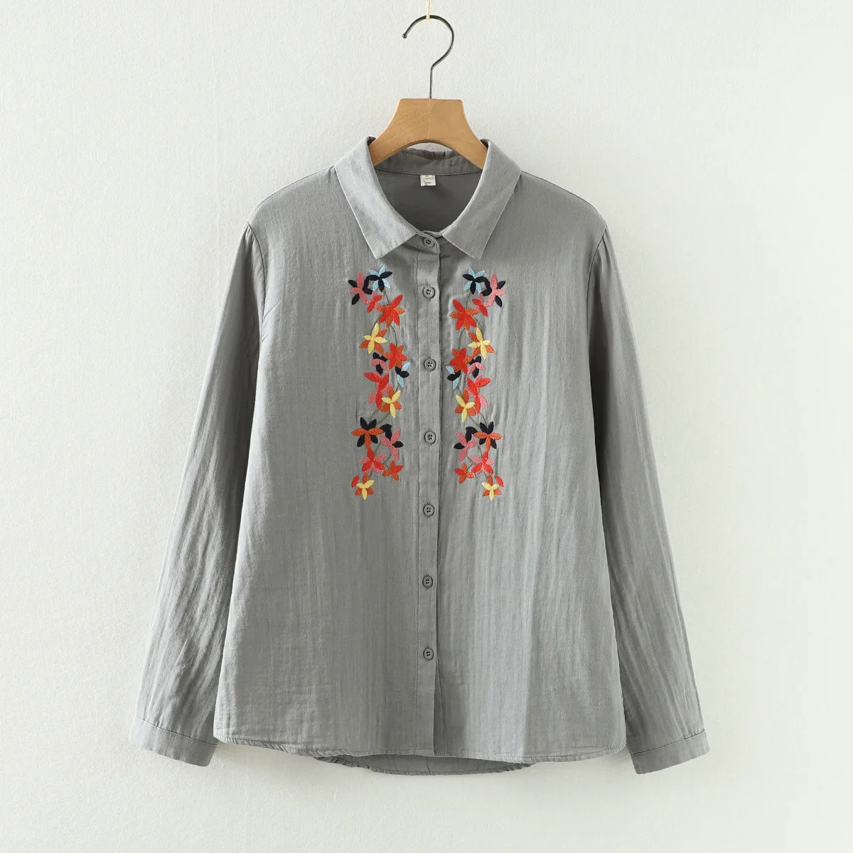 100% Cotton yarn white gray women elegant shirts blouses fall clothes 2024 women Japan style flowers embroider long sleeve tops