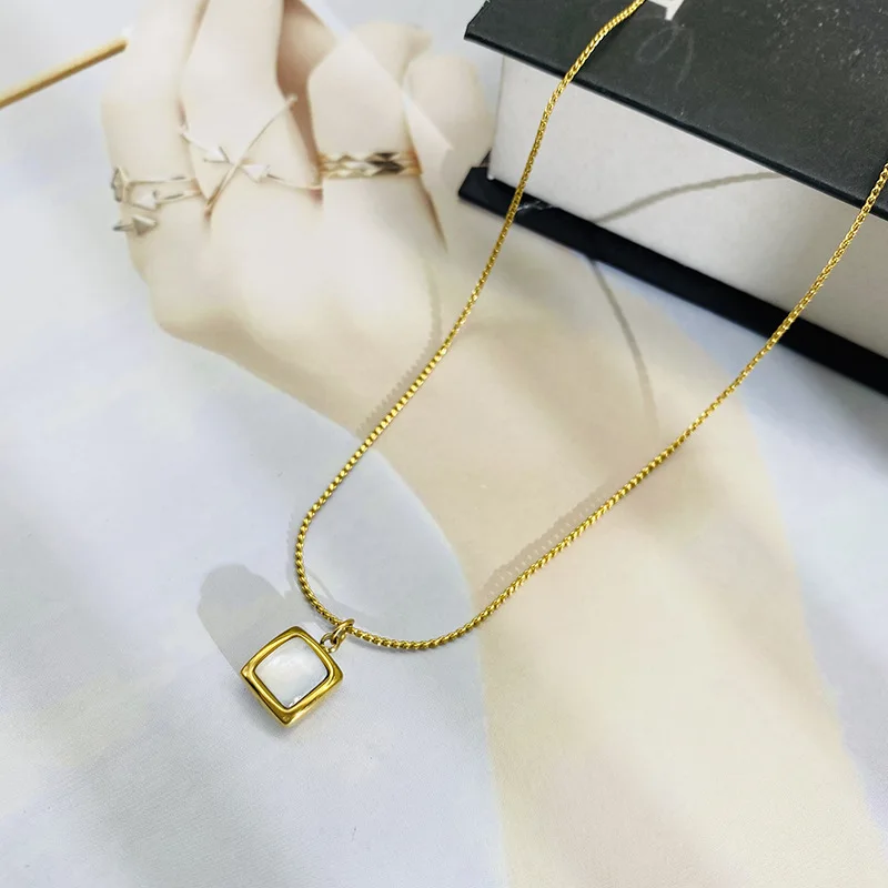 Stainless steel square natural shell pendant necklace exquisite square charm choker minimalist collar necklace image 4
