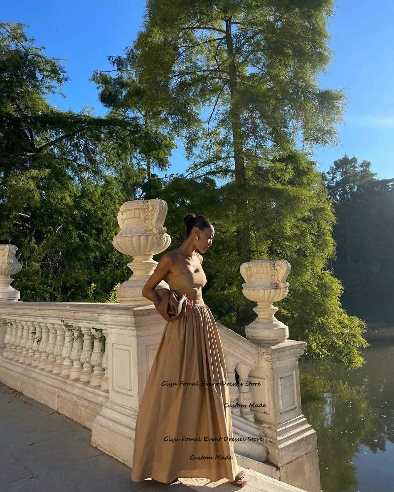 Giyu Spaghetti Straps Brown Two Pieces Evening Dresses Arabic Women Matta Satin Prom Gowns Formal Party Dress Casual Garment