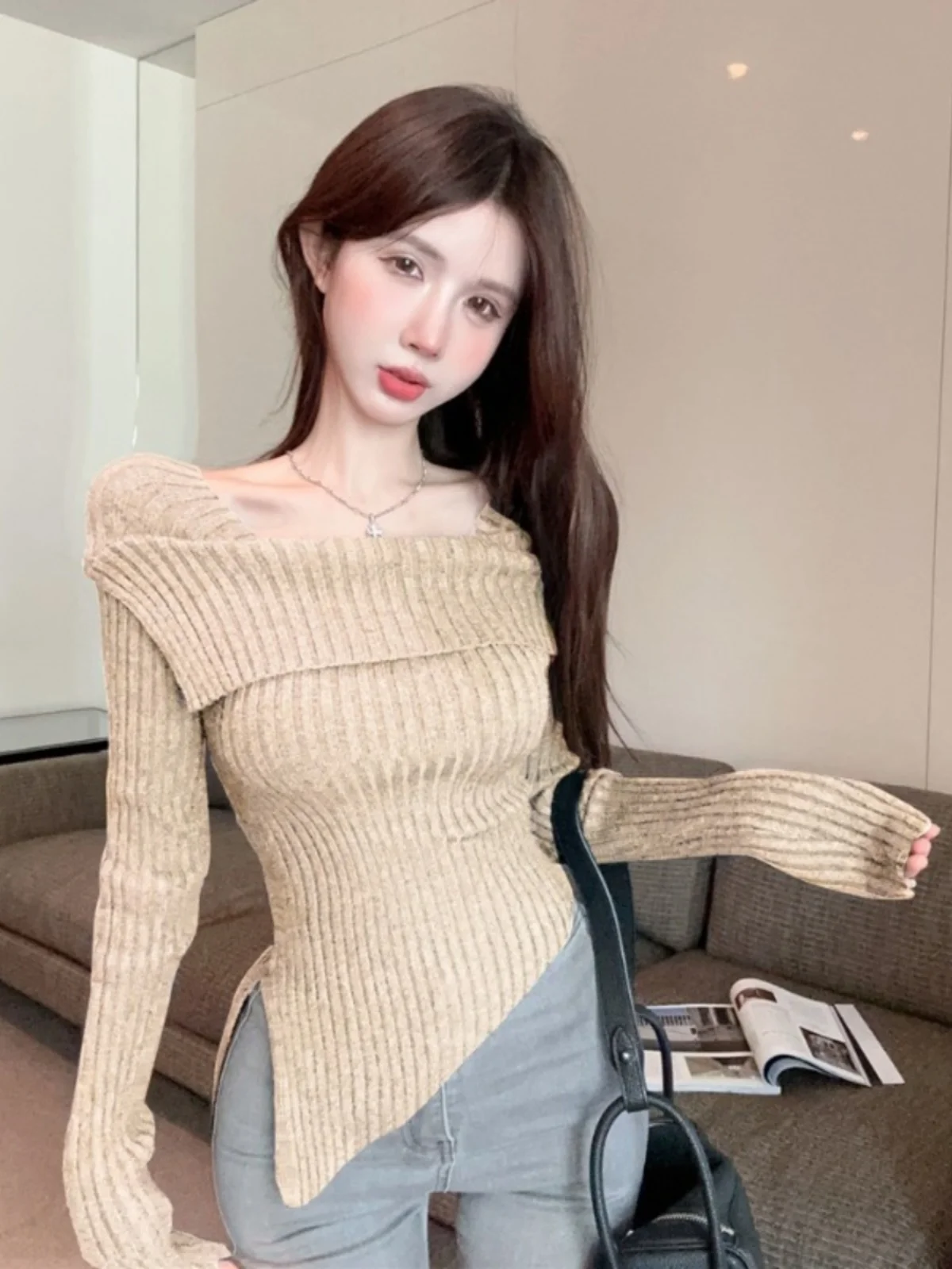 

Корейский свитер с нерегулярным воротником на одно плечо, осень-зима, новый нежный дизайн, тонкий вязаный свитер с разрезом