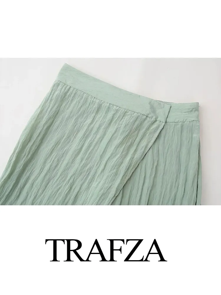 TRAFZA-طقم قمصان نسائية غير رسمية بتأثير التجاعيد ، بنطلون بأزرار مخفية ، بنطلون موضة الشارع ، نمط لف ، 2 فضفاض