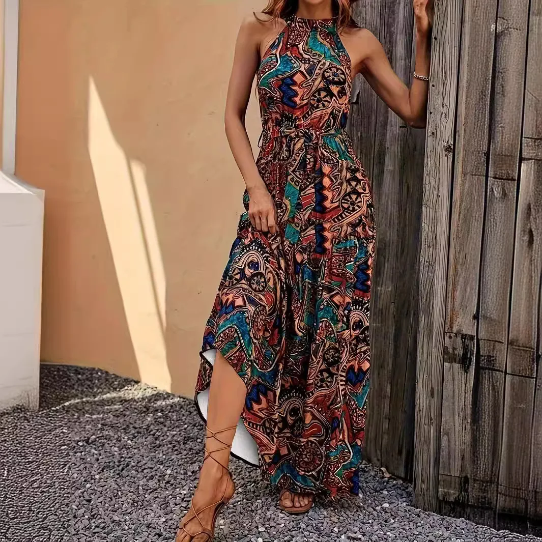 

Casual Printed Halter Neck Ruffle Sleeveless Long Dress Women 2025 Summer Loose Elastic Waist Boho Dress For Women