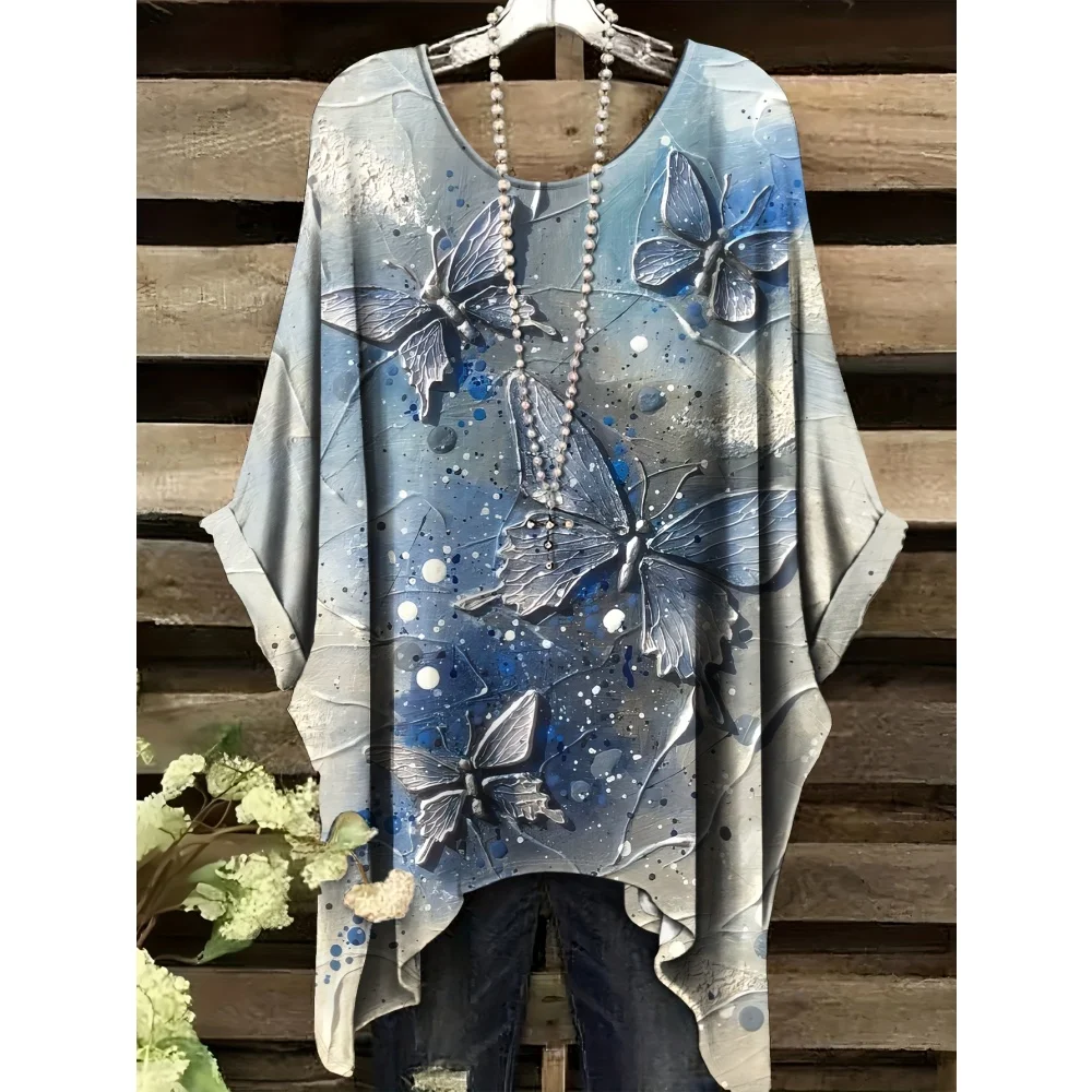 

Large Women's Butterfly Print T-Shirt Summer Comfortable Loose Round Neck Short Sleeve Top Y2k Fashion Street Vintage Clothing