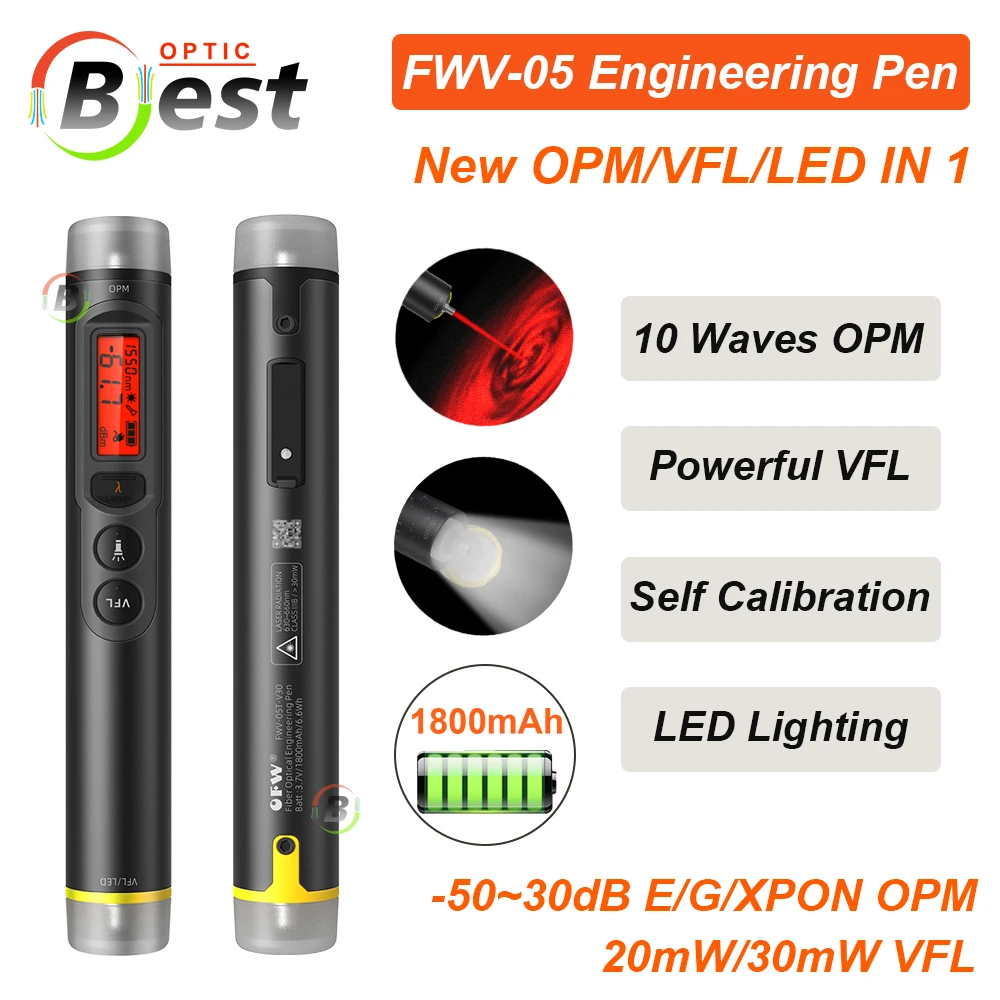 2025 Nuovo OFW FWV-05 Misuratore di potenza ottica ricaricabile OPM 3 in 1 -50~30dBm FTTH con localizzatore visivo di guasti 15/30mw Laser rosso