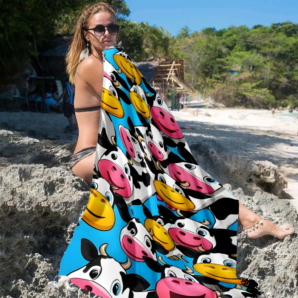 Cartoon Smiley Cow Quick Drying Microfiber Beach Towel Lightweight for Swimming Camping Yoga - Bath Towel