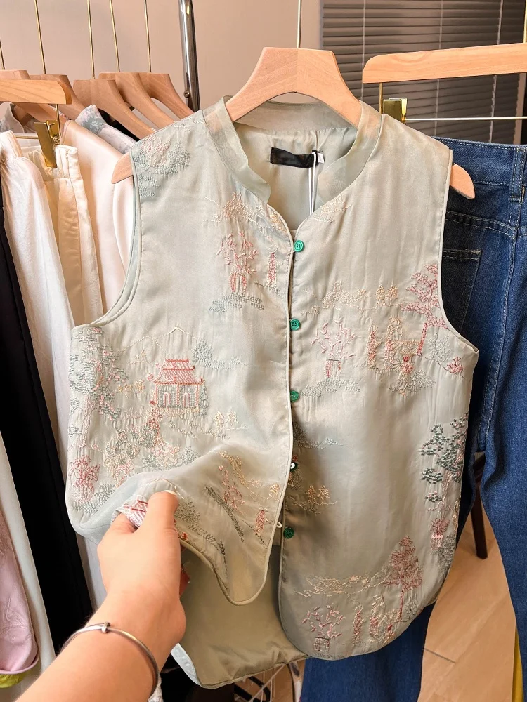 

Ele European Organza Embroidered Stand Collar Vest Women's Summer New Chinese Sle Heavy Work Stitching Tang Suit Top