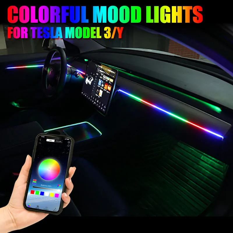 For Tesla Model 3/Y Center Console Dashboard Neon Light Tubes RGB Interior LED Atmosphere Strip Light With App Control symphony