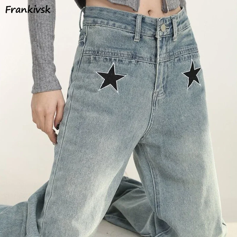 

Jeans Women Vintage Star Embroidery Tender High Waist Personality Streetwear Straight Trousers Sexy Girls Fashion College Daily