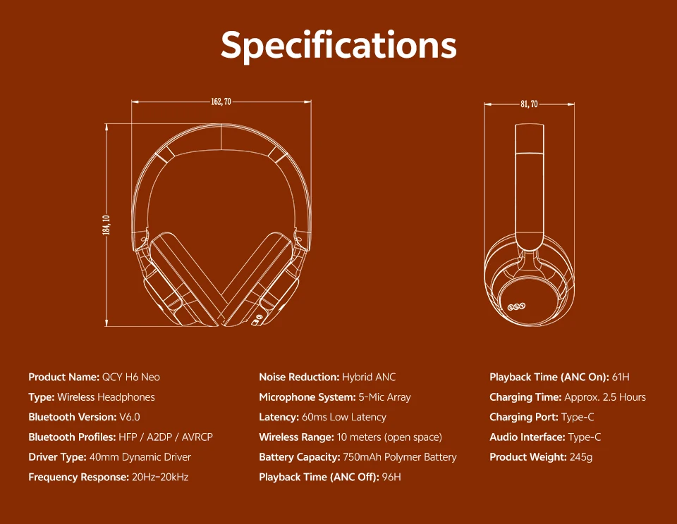 QCY H6Neo Kabellose Kopfhörer 52dB Adaptive Hybrid ANC Bass-Boost-Headsets Hi-Res LDAC Bluetooth 6.0 Spatial Audio Kopfhörer 96H – Detail 21
