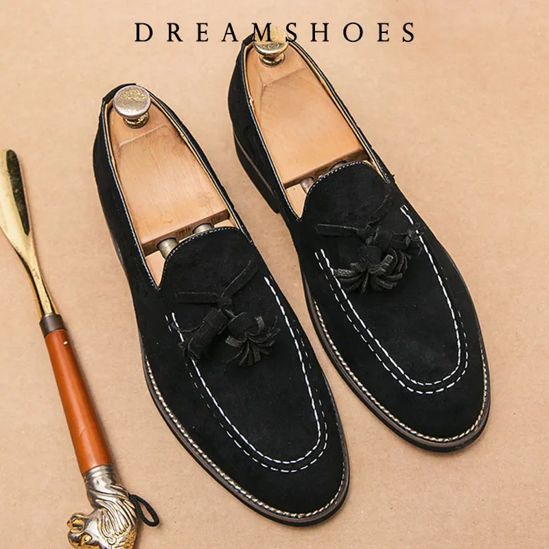 

2025 Italian Cowhide Suede Pointed Toe Leather Shoes High Quality Men's Loafers Men's Casual Shoes British Style Flat Shoes