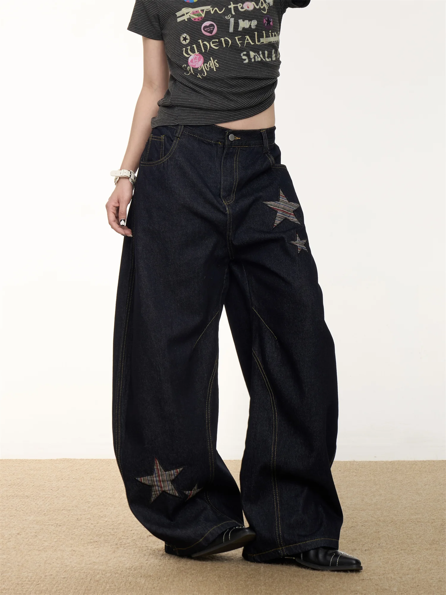 

Американские ретро-джинсы с вышивкой звездами, женские, свободные, зауженные, длинные брюки, широкие джинсы с естественной талией, машинная вышивка