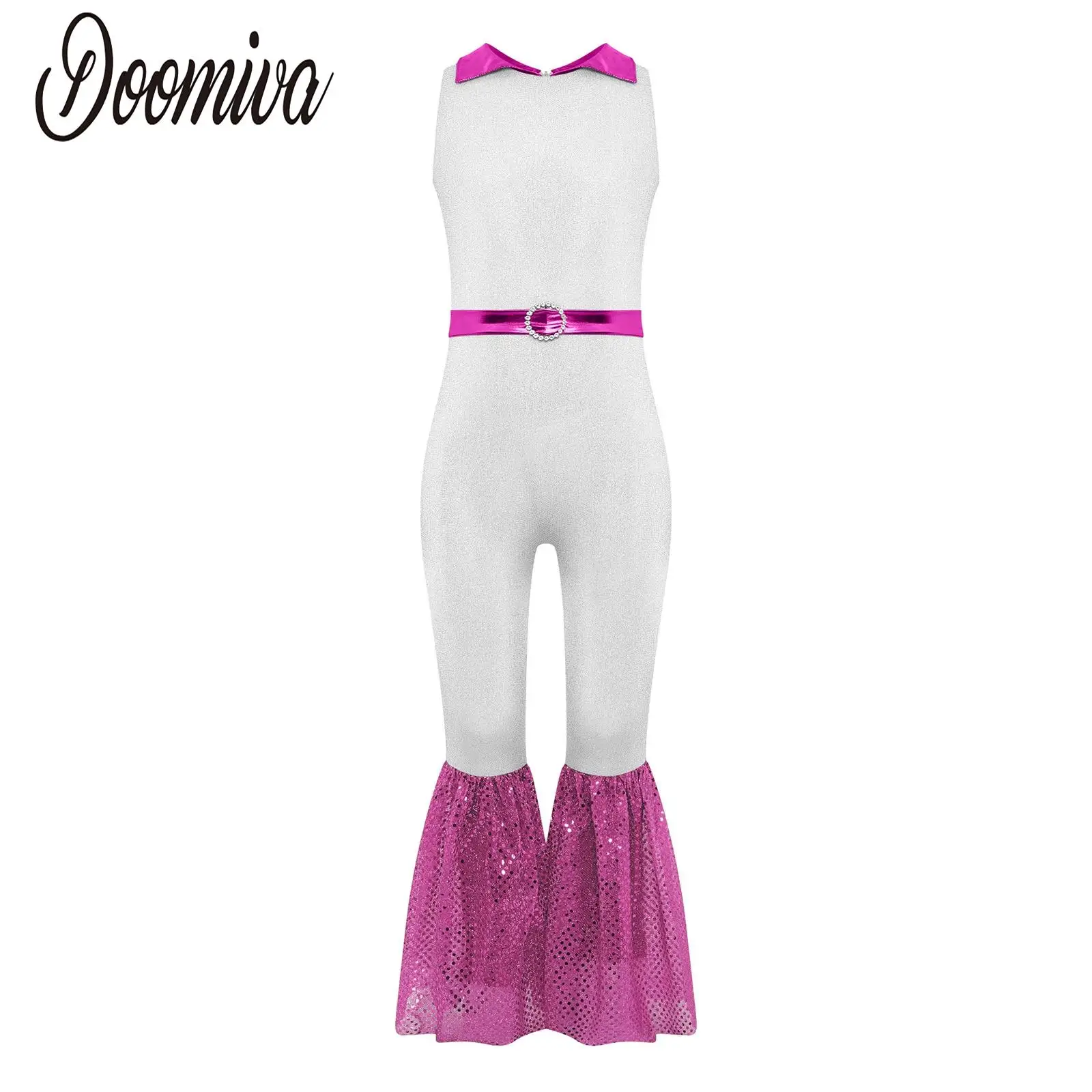 

Girls Ballroom Tango Dance Performance Costume Jazz Dancewear Sleeveless Color Block Sequins Bell-Bottomed Patchwork Jumpsuit