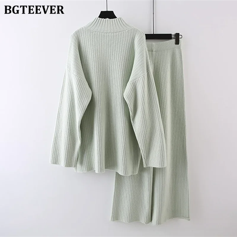 BGTEEVER Autumn Winter Thicken Warm Ladies 2 Pieces Knitted Outfits Long Sleeve Half High Collar Sweaters Women Knitting Pants