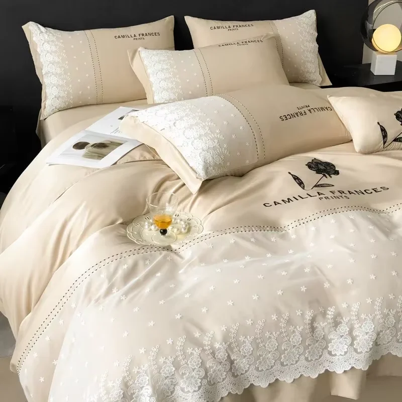 

French princess style four-piece summer cool feeling ice silk sleeping naked lace quilt cover sheets mattress bedding