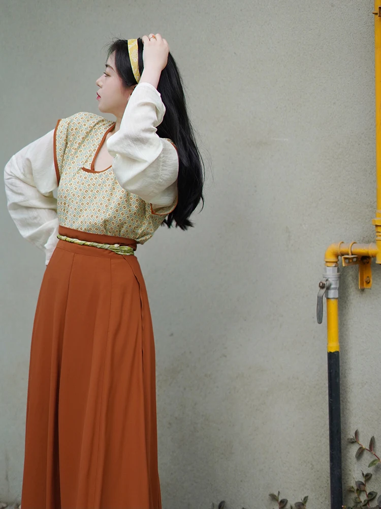 

Летний костюм Ханьфу в стиле Тан с цветочным принтом, воротником с кисточками и юбкой из десятислойного брокада, полиэстер, для женщин, традиционный...