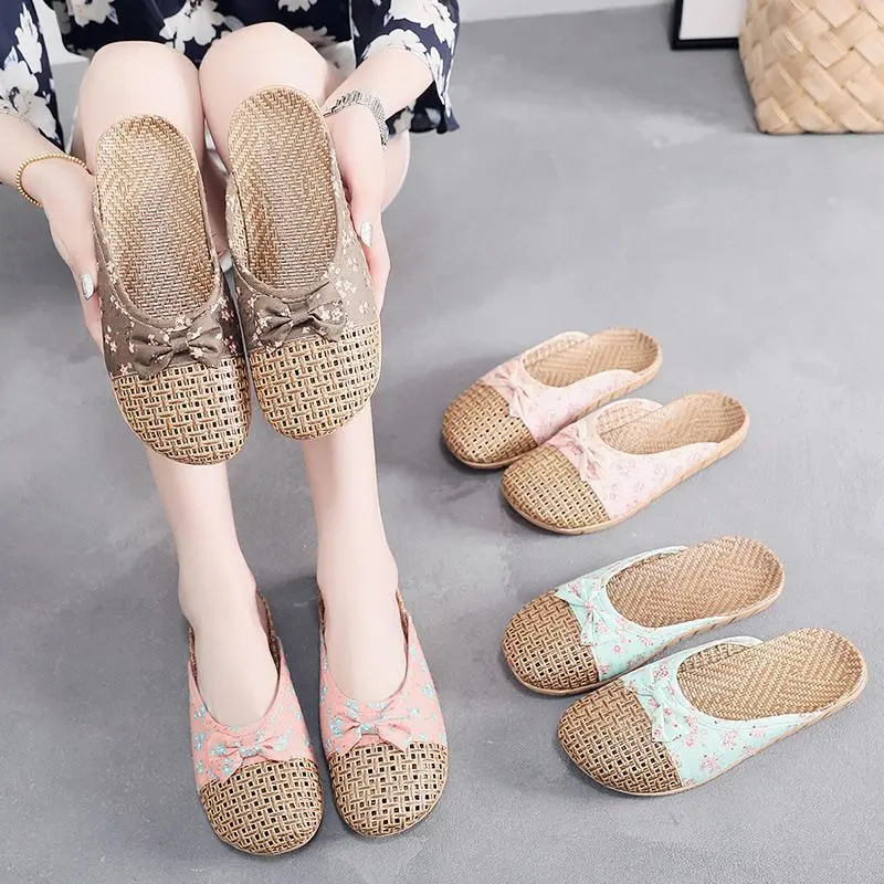 

Straw shoes summer bamboo breathable mesh cool slippers women's linen slippers indoor thick-soled rattan grass men's house