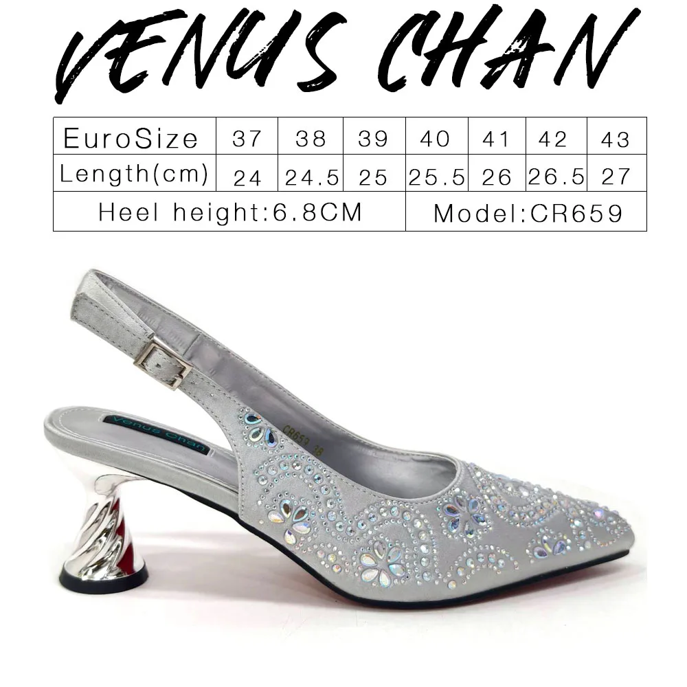 Venus Chan 2024 Italian Design Girly Style Silver Color Pointed Toe Wedding Shoes And Bag Full Diamond Decoration Pillow Bag