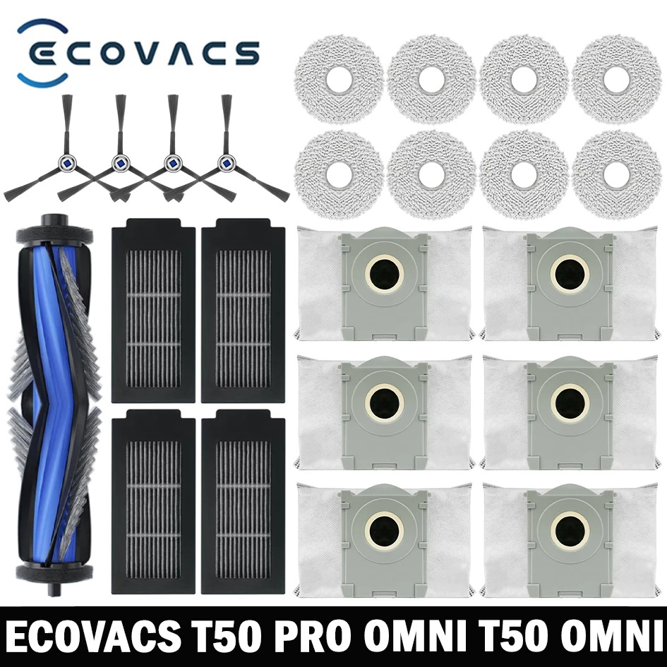 ECOVACS T50 PRO OMNI / T50 OMNI روبوت فراغ استبدال جزء ملحق الجانب الرئيسي فرشاة فلتر Hepa ممسحة كيس لجميع الغبار