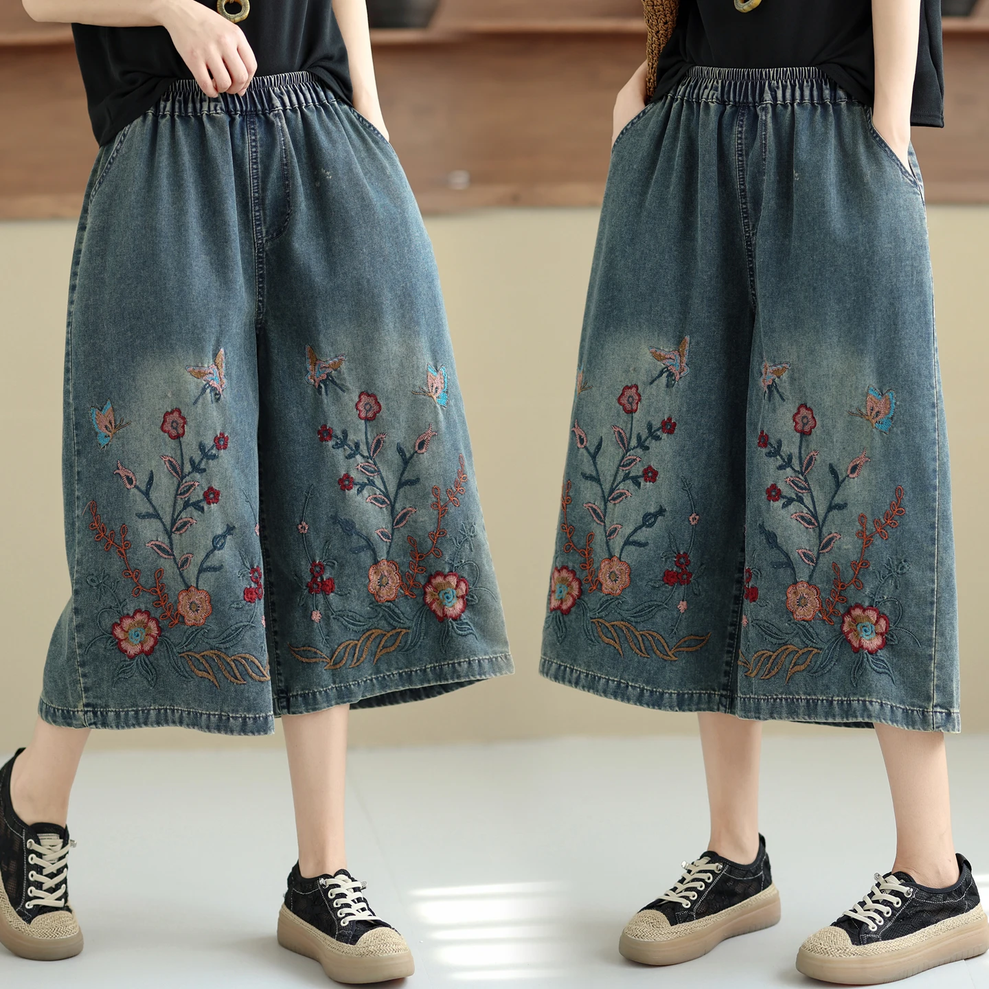

Summer New Style Heavy Embroidery Flowers Wide Leg Jeans for plus Size Women Casual High Waist Straight Cut Loose Fit Denim