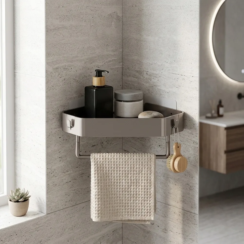 Corner Shelf for Bathroom Kitchen Shower Triangular 35x35x7cm Wall Mounted ABS Black Space Saving Drainage Design