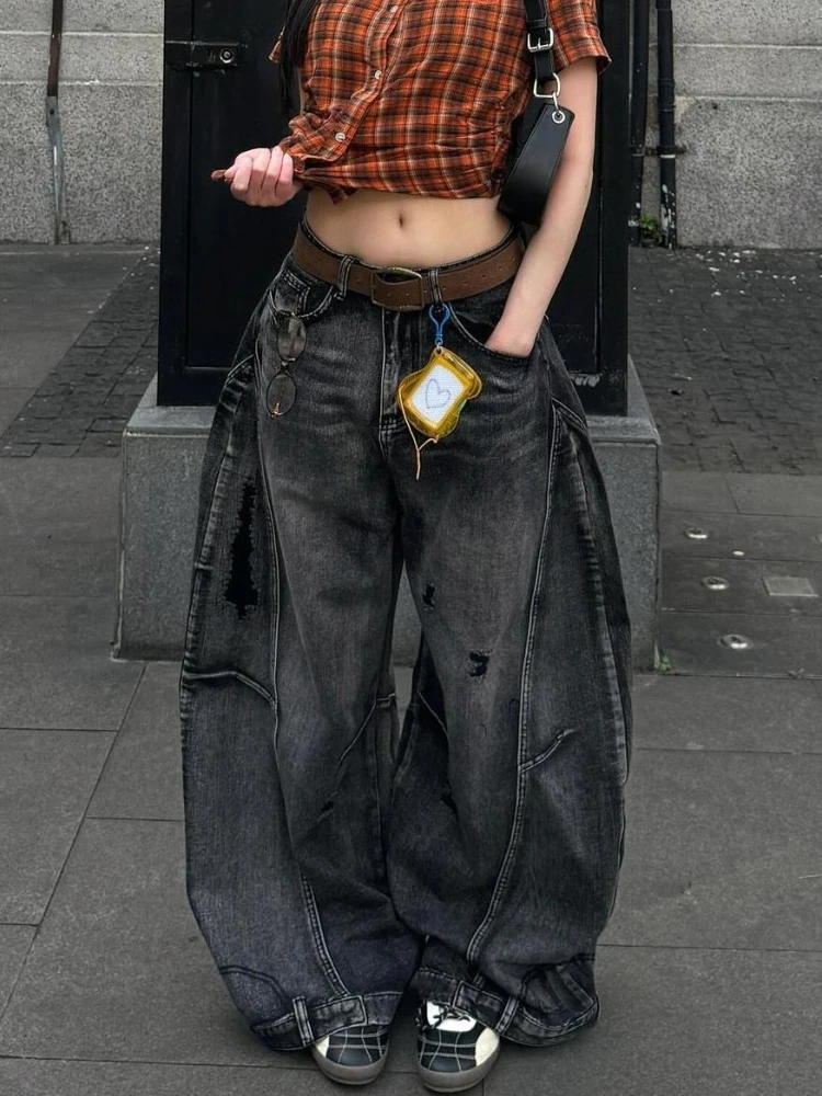 

Deeptown Black Vintage Women Cargo Jeans Y2k Ripped Washed Wide Leg American Style Denim Pants Oversized Hip Hop Streetwear