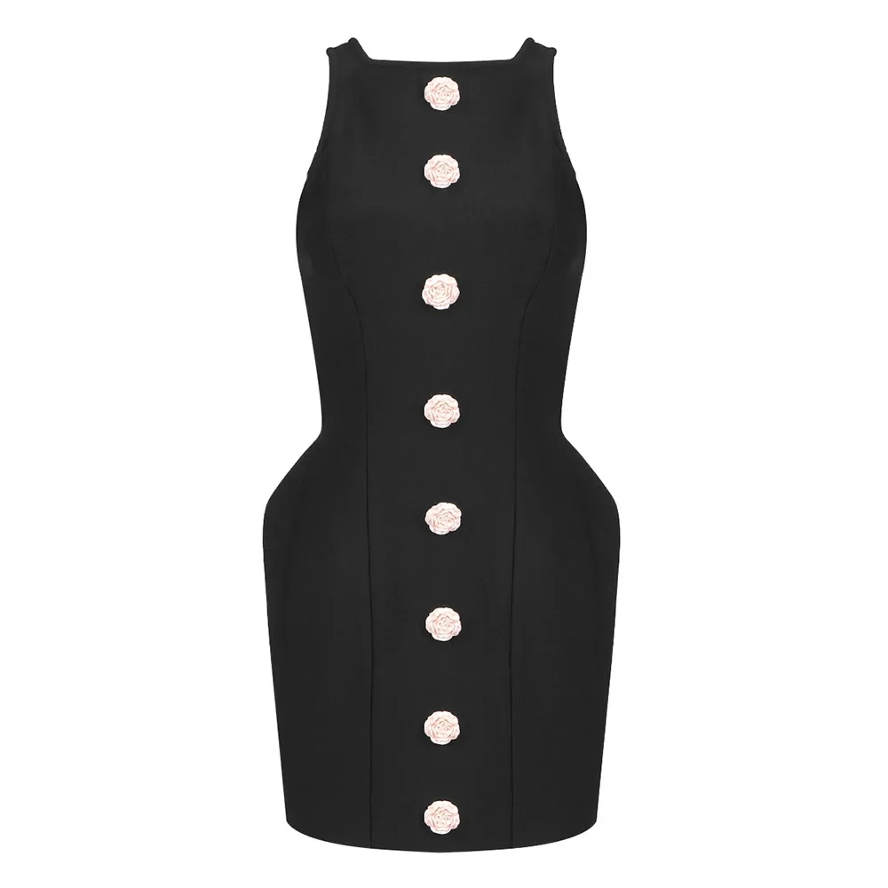 Le più nuove donne Sexy Tank Flower Button Black Mini Bodycon Bandage Dress 2024 Celebrity Elegant Evening Party Club Prom Outfit