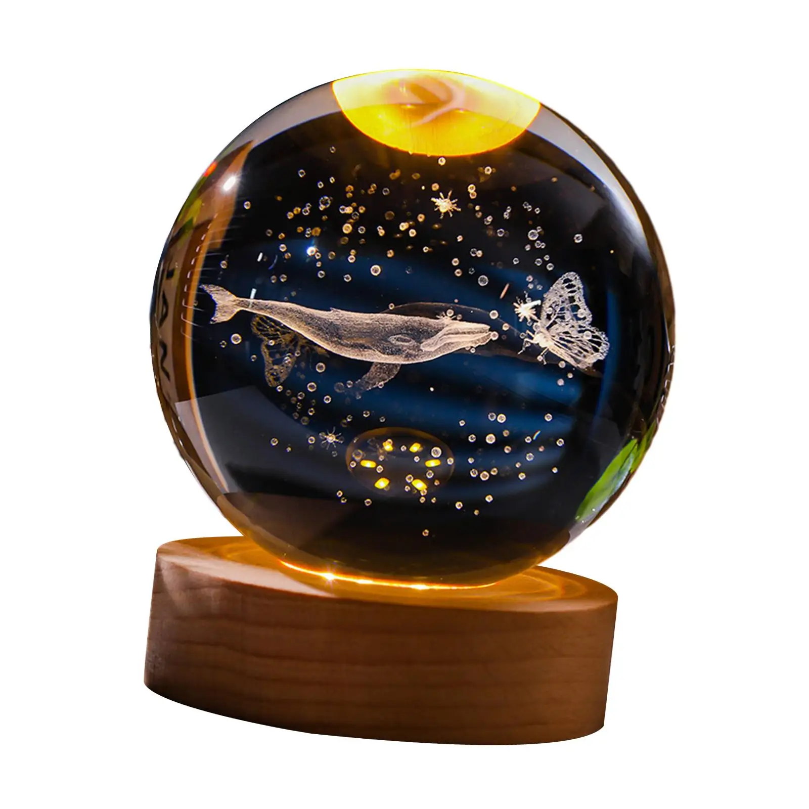 2.4inch 3D Artificial Crystal Ball Night Light Wooden Base Desk Decoration for Housewarming, Anniversary Gift Versatile Sturdy