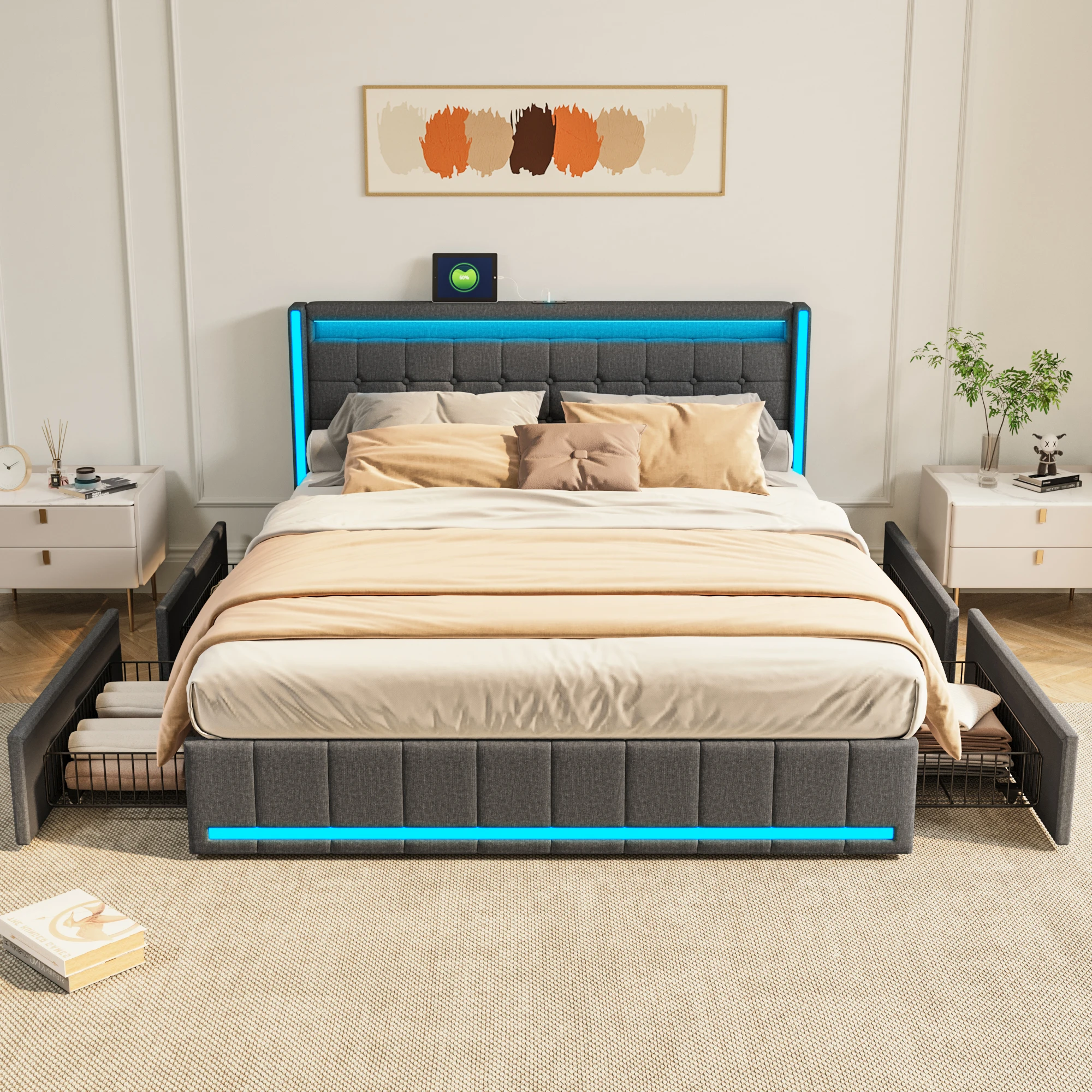 Rosahqnda Doppelbett für Erwachsene 140/160/180x200 cm mit gestepptem Kopfteil, LED-Beleuchtung und 4 Schubladen, Lattenrost, Leinen, dunkelgrau, ohne Matratze