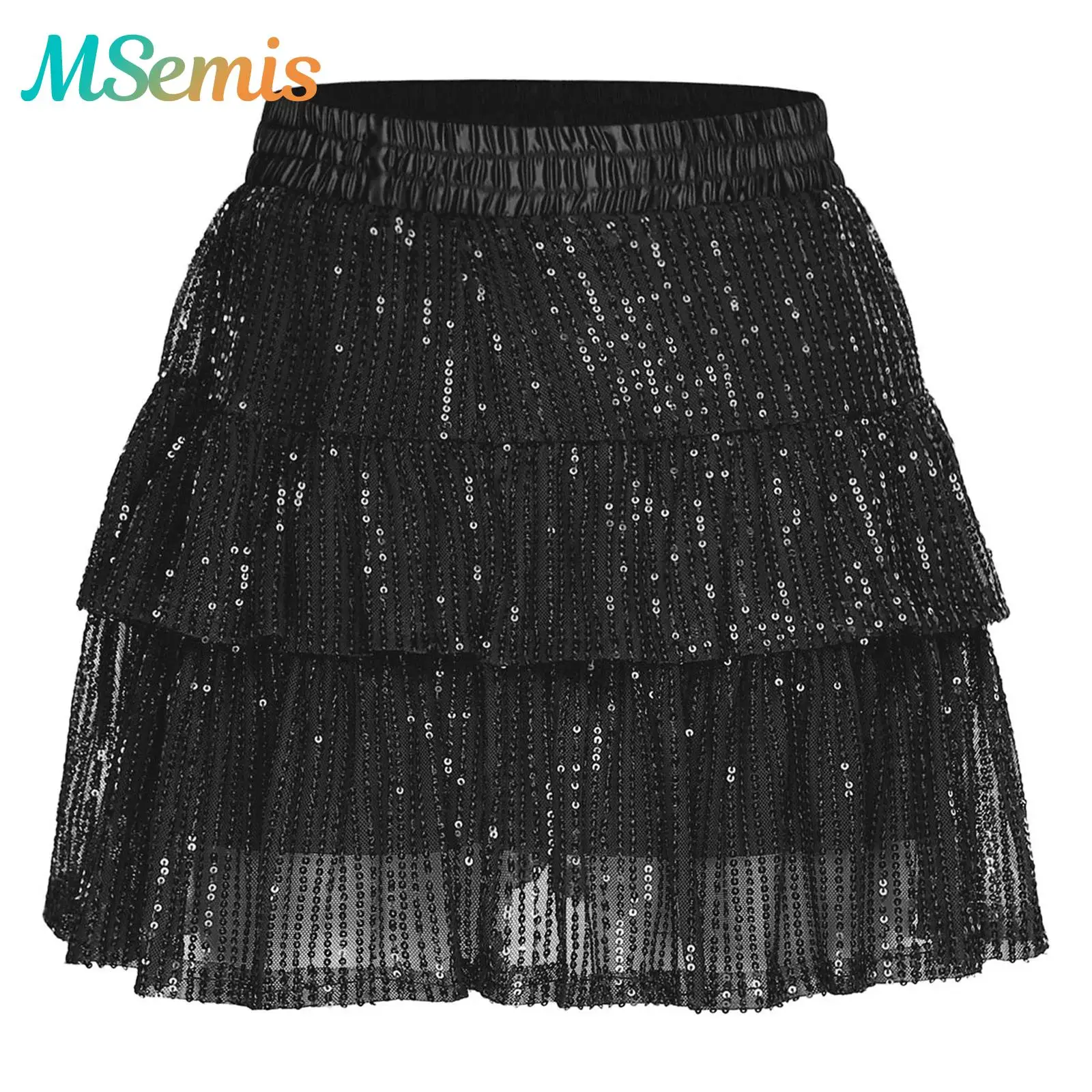 

Womens Shiny Sequin Miniskirt Tiered Ruffled Hem Elastic Waistband Cheerleading Short Skirt with Lining Pole Dance Rave Clubwear