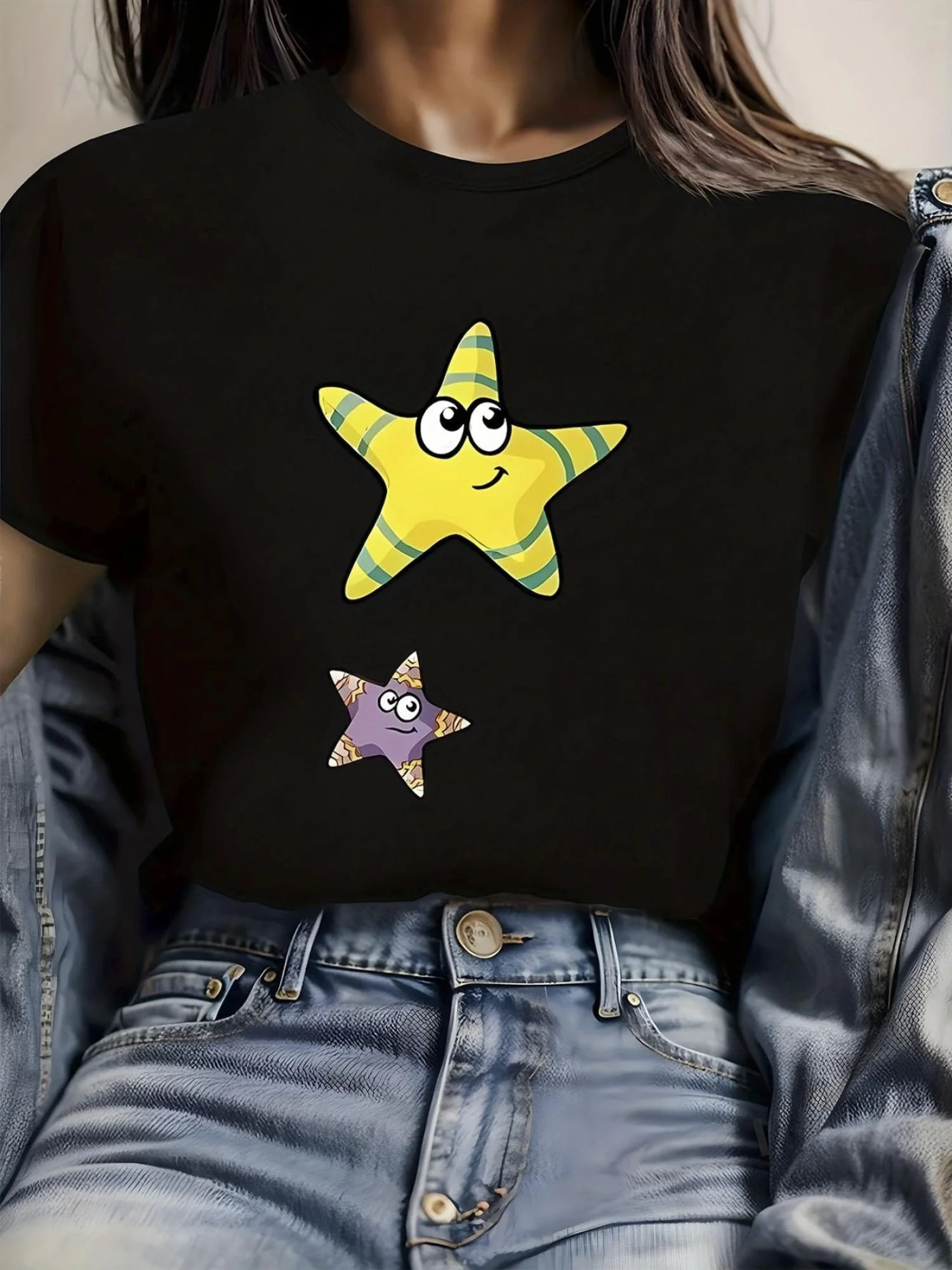 

Женская повседневная одежда с коротким рукавом и круглым вырезом с желтыми и фиолетовыми мультяшными узорами в стиле Харадзюку, эстетичная одежда с короткими рукавами