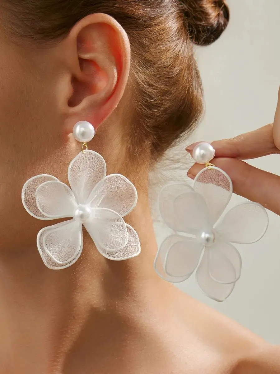 PuRui tempérament élégant Imitation perle maille fleur boucles d'oreilles femmes romantique minimaliste Piercing oreille accessoires bijoux