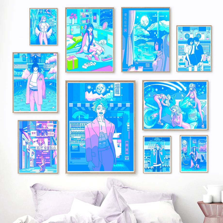 80s Vaporwave Style Poster Wall Art Decor Living Room Decor Wall Pictures Anime Figure Poster Neon Blue Ban Girl Canvas Painting