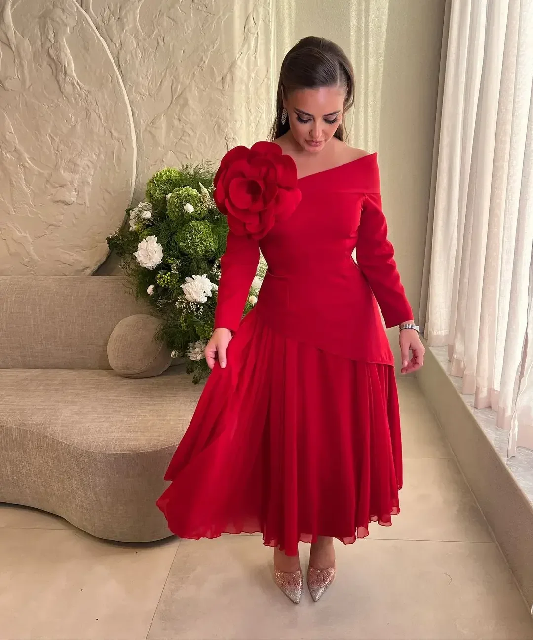 Classic Red Long Sleeves Evening Dress Pleated Flowers Formal Occasion Prom Gowns Ankle Length Wedding Party Dresses