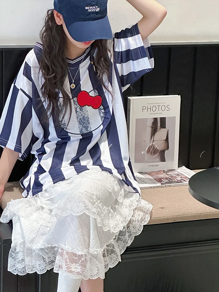 aiza-basic-t-shirt-estiva-da-ragazza-a-righe-in-pizzo-a-maniche-corte-stile-coreano-girocollo-vestibilita-regolare