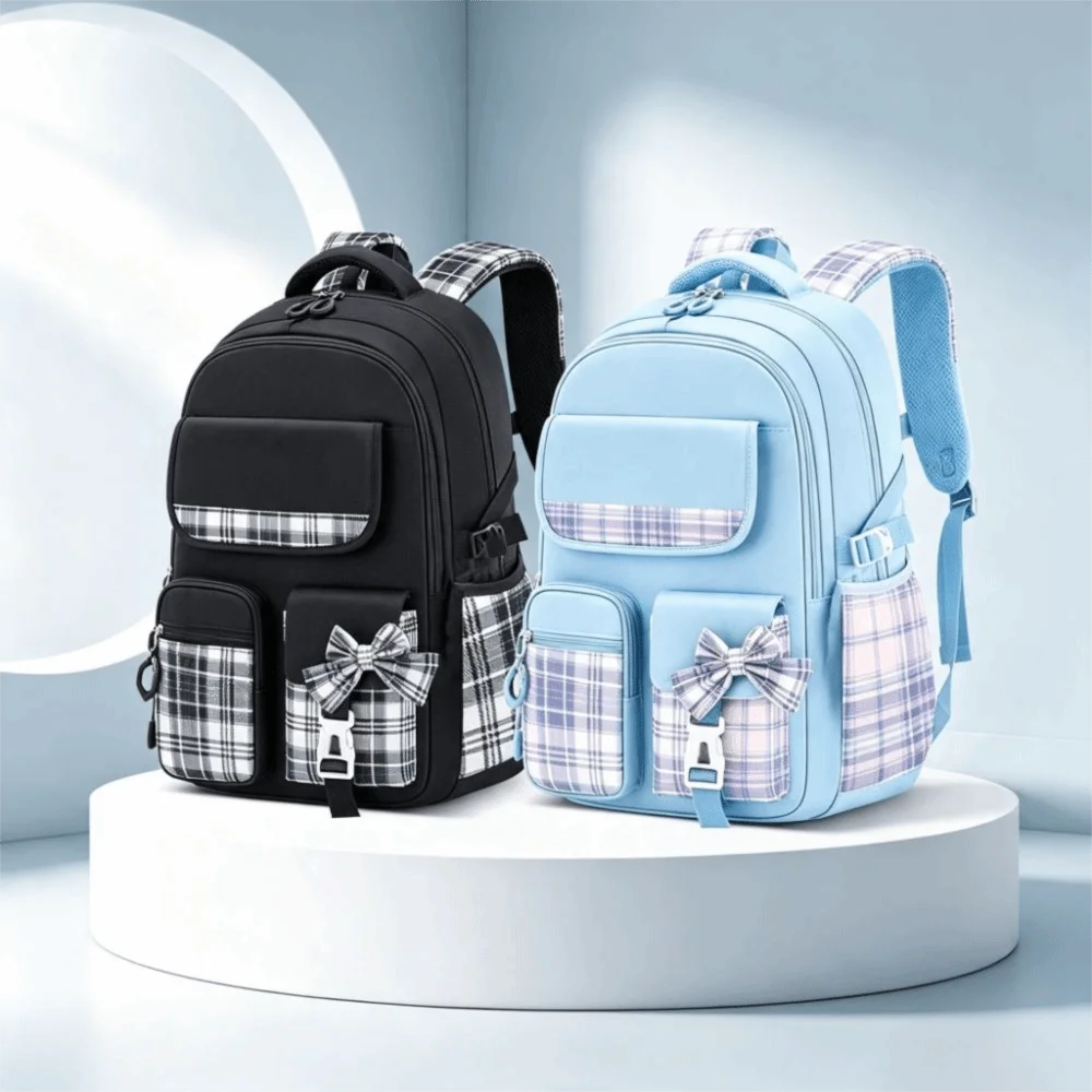 Spine Protection Large Capacity School Backpack Plaid Checkered Student Backpack Bow Ergonomic Backpack Elementary School