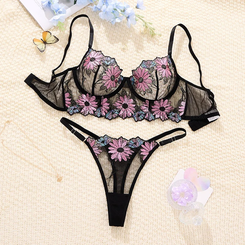 

Sexy Lingerie Luxury Intimate Bra Set Pink Floral Embroidery Mesh Underwear Pure Desire Transparent Erotic Sets 3-Point Lingerie