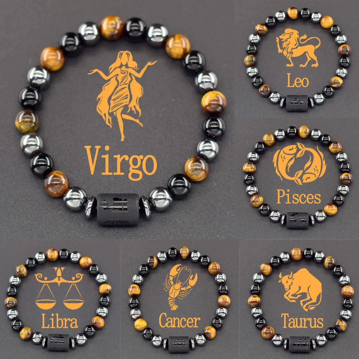 12 Zodiac Sign Bracelet Homme Constellation Bracelet for Men Aries Virgo Leo Libra Charm Bangle Energy Black Pulseras Hombre