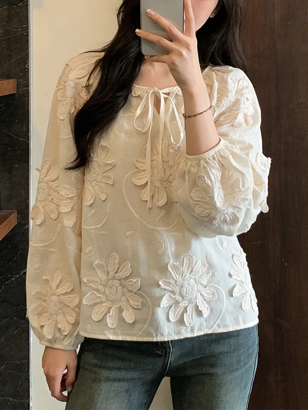 

Loose Long Sleeve Floral Tie Shirt Women's plus Size Spring New Design Sensation Belly Cover Versatile Top Korean Style Commute